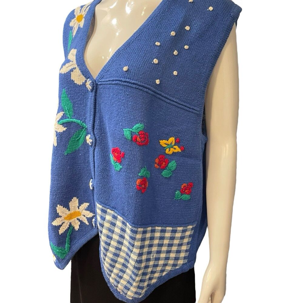 Sweater Vest Womens 2XL Capacity Blue Daisy Floral V-Neck Cotton Ramie 80s Vtg - Picture 2 of 9